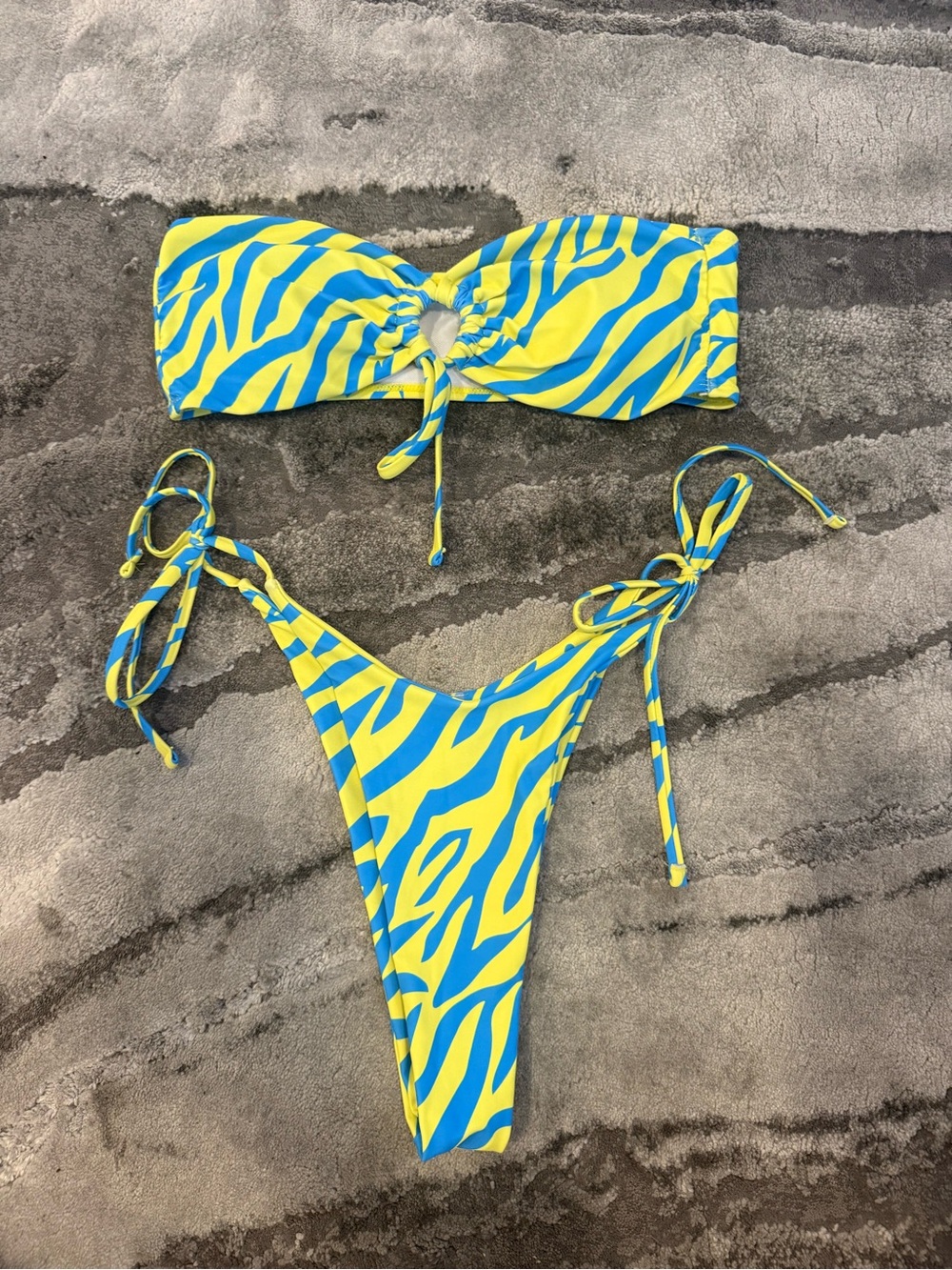 Tie-Side Bandeau Bikini Set in Yellow and Blue Zebra Print